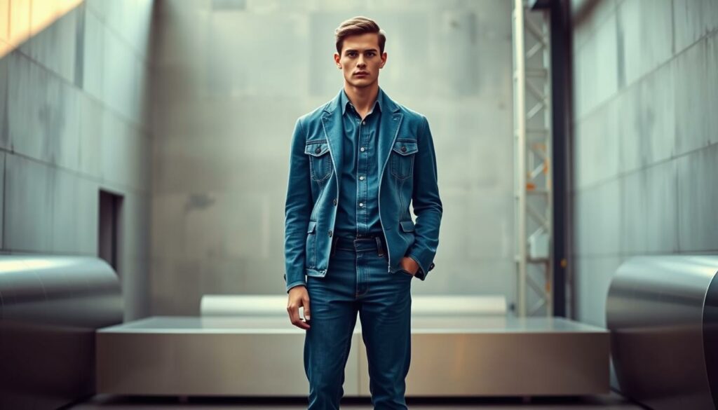 A sophisticated, high-fashion denim-on-denim ensemble set against a minimalist, industrial backdrop. In the foreground, a model stands tall, wearing a tailored denim jacket layered over a classic denim shirt, both in subtly contrasting shades. The jeans are a slim, straight-leg cut, perfectly complementing the outfit. Soft, diffused lighting illuminates the scene, casting a warm, nostalgic glow. The middle ground features sleek, metallic surfaces, hinting at an urban, modern setting. In the background, concrete walls and exposed beams create a minimalist, almost architectural feel, emphasizing the timeless appeal of this iconic Canadian tuxedo trend. Overall, the image conveys a sense of effortless style, blending vintage inspiration with contemporary sophistication.