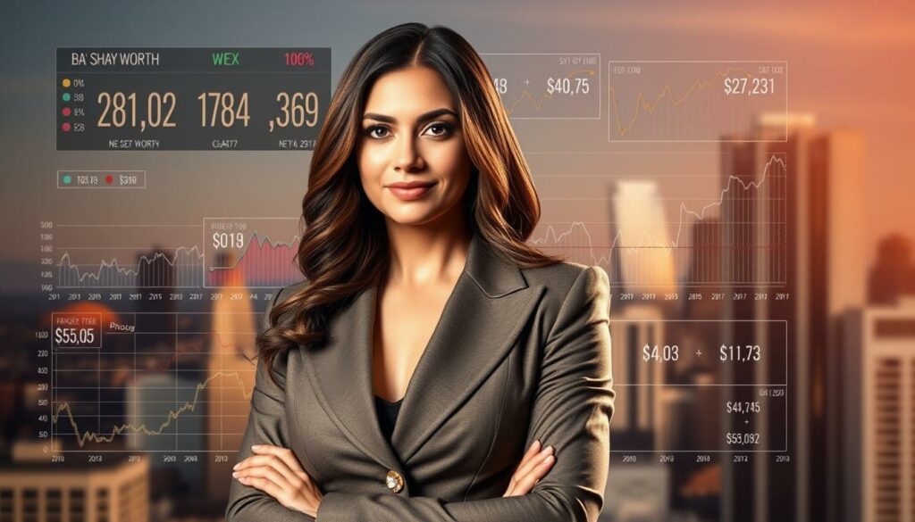 A sophisticated portrait of Shay Shariatzadeh, John Cena's wife, set against a backdrop of financial charts and graphs. In the foreground, Shay is depicted in a poised, confident pose, dressed in a chic business attire. The middle ground features a dynamic display of stock tickers, pie charts, and line graphs illustrating her net worth and investment portfolio. The background is a soft, blurred cityscape, hinting at her success and financial acumen. The lighting is warm and flattering, creating a sense of prosperity and accomplishment. The overall scene conveys Shay's savvy business sense and her impressive financial standing.