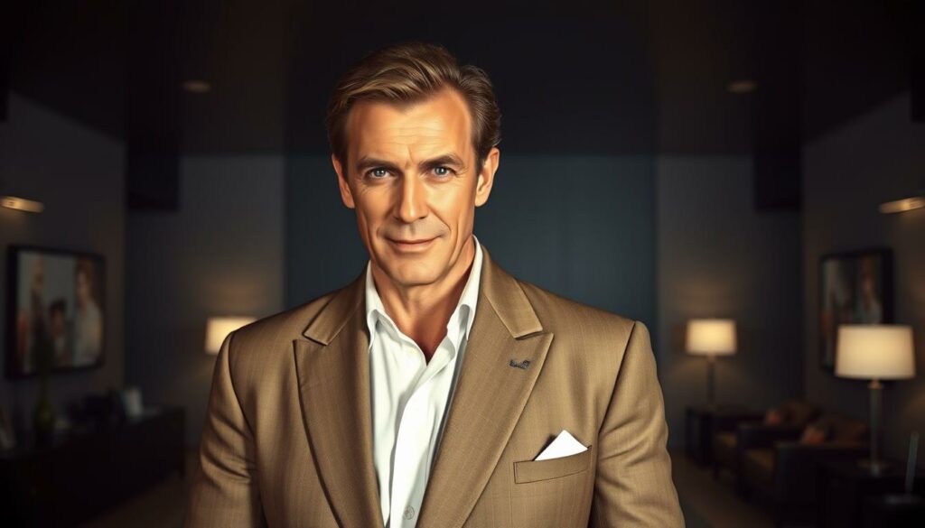 A sophisticated, suave portrait of Roger Moore as the iconic James Bond. In the foreground, Moore stands confidently, his tailored suit and crisp white shirt exuding a sense of elegance and refinement. His piercing gaze and subtle smile convey the character's wit and charm. The middle ground features a sleek, high-contrast setting, with minimalist decor and clean lines evoking the stylish and atmospheric world of Bond. In the background, a muted, shadowy ambiance sets the stage, hinting at the character's dynamic and thrilling exploits. Dramatic, low-key lighting accentuates the chiaroscuro effect, adding depth and drama to the composition.