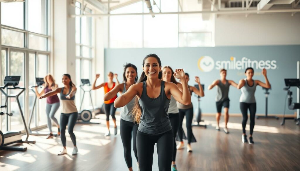 A spacious, airy fitness studio bathed in natural light streaming through floor-to-ceiling windows. In the foreground, a group of diverse individuals enthusiastically performing a range of exercises under the guidance of a smiling, attentive instructor. The middle ground features state-of-the-art exercise equipment, neatly arranged and inviting. The background showcases the Smile Fitness brand with its vibrant, modern aesthetic, creating an atmosphere of energy and positivity. The overall scene conveys a welcoming, inclusive environment where people of all fitness levels can comfortably explore the free trial experience.