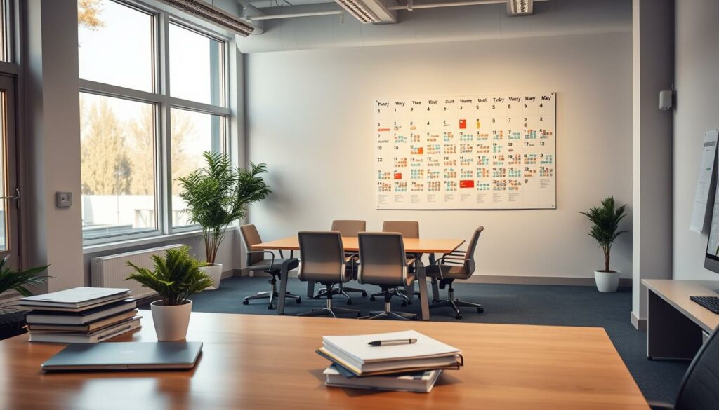 A spacious office interior, bathed in warm, natural lighting from large windows. In the foreground, a well-organized desk with a laptop, a stack of files, and a potted plant. The middle ground features a conference table surrounded by comfortable chairs, symbolizing productive meetings. In the background, a wall-mounted calendar highlights a multitude of national holidays, their colorful markers contrasting with the muted tones of the office. The overall atmosphere conveys a sense of productivity tempered by the awareness of the frequent breaks afforded by the German holiday calendar.