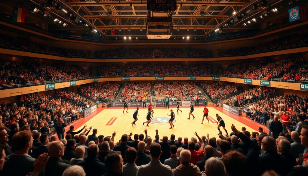 A sports arena filled with the roar of enthusiastic fans, as two handball teams from the Second Bundesliga face off in an intense performance comparison. The court is bathed in warm, golden lighting, highlighting the players' focused expressions and fluid movements as they battle for possession. In the background, a panoramic view of the arena's grandstands and architecture provides a sense of scale and anticipation. The scene conveys the high-stakes drama and competitive spirit of this pivotal matchup, showcasing the teams' hard-earned skills and determination to excel in the league.