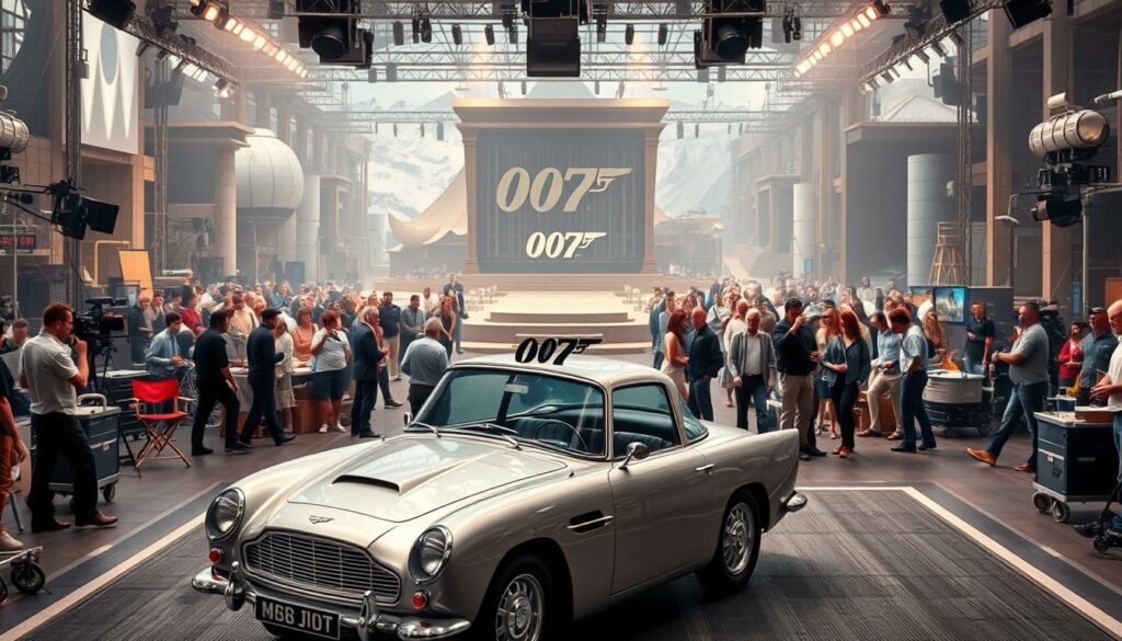 A sprawling film set, bustling with activity. In the foreground, a sleek, silver Aston Martin DB5 takes center stage, its iconic silhouette a symbol of James Bond's timeless allure. Crew members scurry around, adjusting lighting, checking camera angles, and coordinating the intricate dance of filmmaking. In the middle ground, a director's chair bearing the 007 logo sits empty, awaiting the arrival of the lead actor, his piercing gaze and debonair demeanor ready to breathe life into the legendary character. The background is a maze of towering sets, meticulously crafted to transport the viewer to exotic locales, from snow-capped peaks to sun-drenched beaches. The atmosphere is electric, a blend of tension and excitement as the final touches are put in place for the cameras to roll, capturing the last Bond film of the millennium.