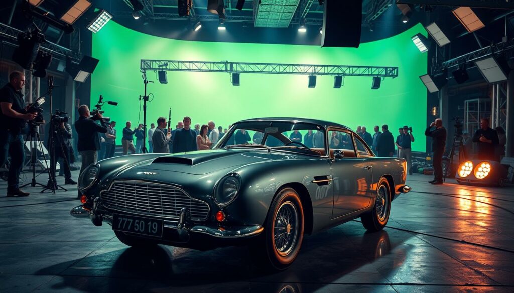 A sprawling film set depicting the production of "Der Morgen stirbt nie", the 18th installment of the James Bond franchise. In the foreground, a meticulous recreation of the iconic Aston Martin DB5, gleaming under the hot lights. In the middle ground, a bustling crew captures the action, cameras and boom mics recording every detail. In the background, a towering green screen sets the stage for the film's exotic locales. The atmosphere is one of high-octane energy and technological prowess, as the latest James Bond adventure takes shape. Dramatic shadows and sharp contrasts lend an air of cinematic flair to the scene, hinting at the thrilling espionage to come.