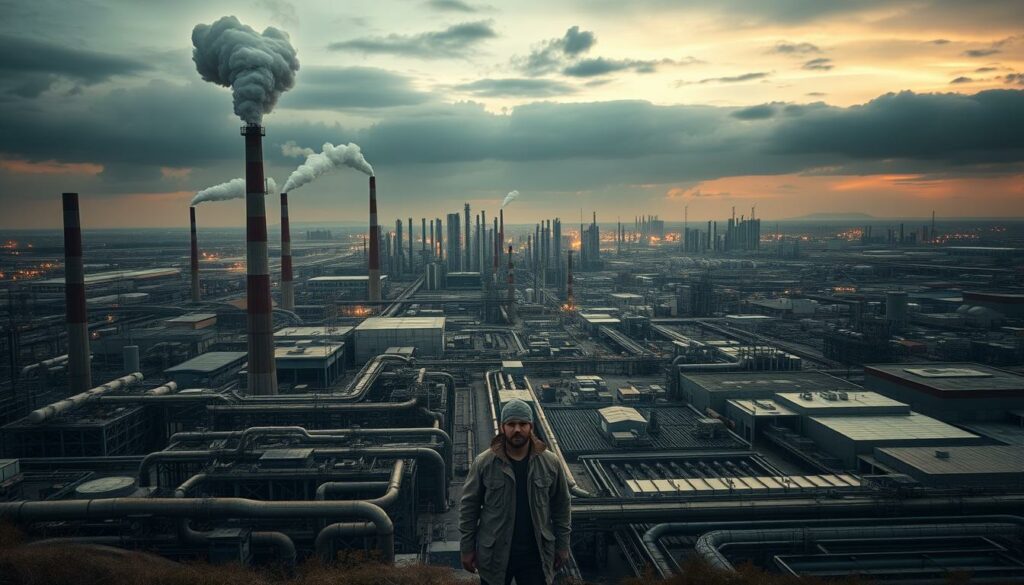 A sprawling industrial landscape, dominated by towering smoke stacks and sprawling factories. The sky is cast in a moody, dusky hue, hinting at the economic turmoil below. In the foreground, a lone worker stands amidst a sea of machinery, their face etched with concern and uncertainty. The middle ground is a maze of pipelines, conveyor belts, and warehouses, all reflecting the strain of the energy crisis. In the distance, the silhouettes of once-thriving businesses stand, now dimmed and struggling. The overall atmosphere conveys a sense of unease and the heavy weight of economic hardship.