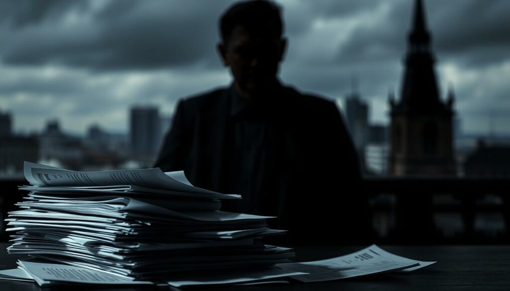 A stark and ominous scene depicting the charges against Alfons Schubeck. In the foreground, a pile of documents and financial records, representing the allegations of subsidy fraud, insolvency delay, and fraud. The middle ground features a shadowy figure, Schubeck himself, his face obscured, conveying a sense of guilt and deception. The background is a blurred, gloomy cityscape, reflecting the somber mood and the gravity of the charges. The lighting is dim, with a chiaroscuro effect, casting dramatic shadows and highlighting the weighty nature of the accusations. The overall composition creates a foreboding atmosphere, visually encapsulating the severity of the charges against the renowned chef.