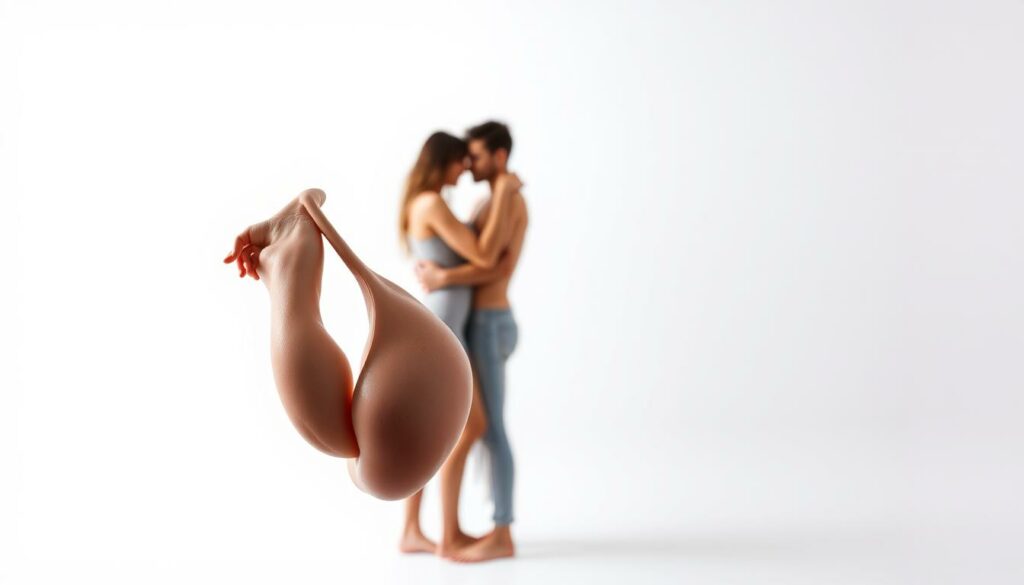 A stark contrast between the exaggerated fantasies of pornography and the nuanced realities of human intimacy. In the foreground, a pair of disembodied, digitally enhanced genitalia float against a stark white backdrop, symbolizing the unrealistic standards perpetuated by the adult entertainment industry. In the middle ground, a more realistic human couple embraces tenderly, their bodies and expressions conveying the emotional and physical complexities of real-world relationships. The background fades into an abstract, dreamlike realm, hinting at the divergence between fantasy and actuality. Soft, diffused lighting casts a contemplative mood, inviting the viewer to reflect on the dangers of comparing one's own experiences to the manufactured ideals of pornography.