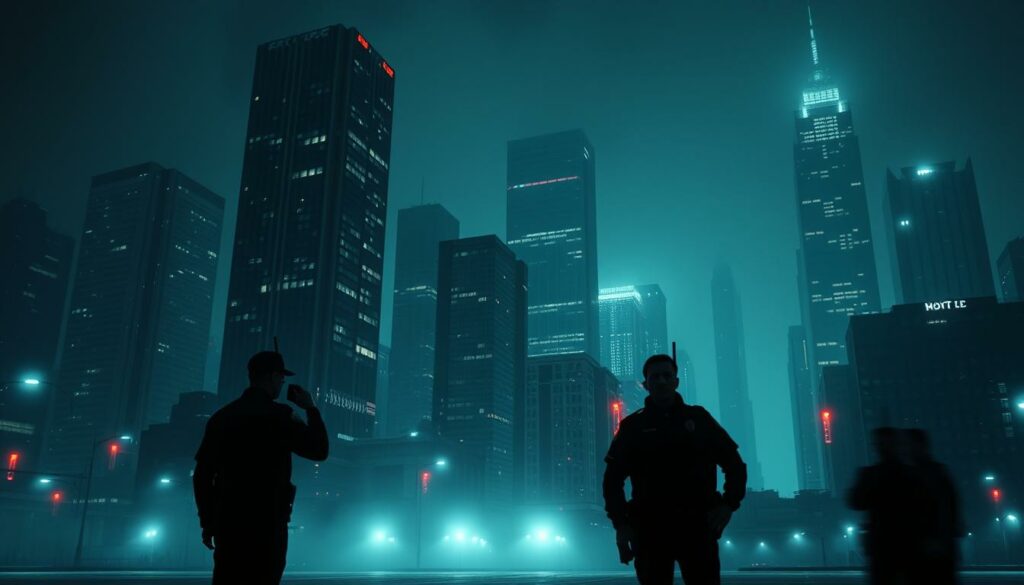 A stark, dystopian cityscape at night, cloaked in a sinister digital haze. The skyline is punctured by towering skyscrapers, their windows flickering with the eerie glow of digital intrusion. In the foreground, police officers stand amidst the chaos, their radios crackling with static as they struggle to coordinate a response to the cybersecurity breach. The scene is illuminated by the harsh, neon-tinged light of surveillance cameras and digital displays, casting an ominous, technological pallor over the entire landscape. The mood is one of unease and uncertainty, as the consequences of the cyberattack ripple through the city's infrastructure and the authorities' ability to maintain control.