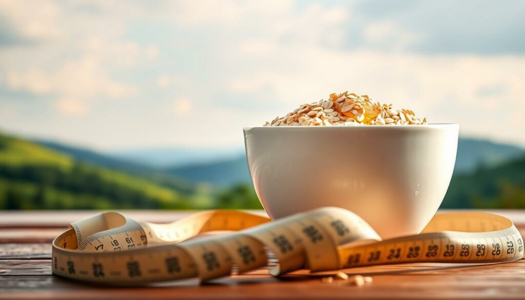 A steaming bowl of hearty oats, sprinkled with a dusting of cinnamon and a drizzle of golden honey, sits atop a wooden table. In the foreground, a tape measure coils around the bowl, symbolizing the role of oats in weight management. The background features a tranquil landscape, with lush green hills and a serene sky, evoking a sense of balance and wellbeing. Soft, natural lighting illuminates the scene, creating a warm and inviting atmosphere. The image conveys the notion that oats can be a powerful ally in one's journey towards a healthier lifestyle and weight management.
