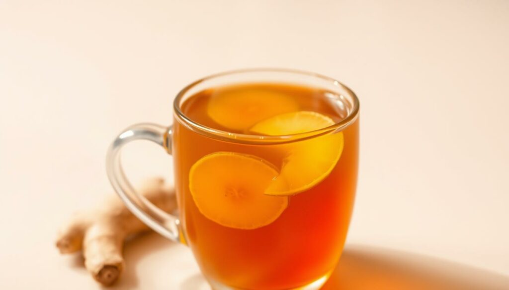 A steaming mug of ginger tea, the amber liquid swirling with fragrant slices of fresh ginger root. The mug is set against a simple, minimalist background, allowing the tea to take center stage. Warm, indirect lighting casts a cozy glow, highlighting the tea's vibrant color and the subtle wisps of steam rising from the surface. The composition is balanced, with the mug positioned slightly off-center, lending a sense of natural, effortless elegance. The overall mood is soothing, inviting the viewer to savor the spicy, invigorating essence of ginger tea.