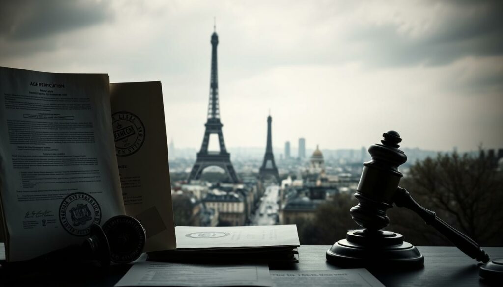 A strict, imposing set of French laws aimed at enforcing age verification measures. In the foreground, a series of official-looking government documents, seals, and stamps, conveying the gravity and authority of the new regulations. In the middle ground, a Parisian cityscape with looming government buildings, symbolizing the nationwide implementation. In the background, a somber, muted color palette, with a sense of unease and trepidation surrounding the restrictive policies. The lighting is harsh and direct, casting sharp shadows to emphasize the severity of the laws. The overall tone is one of bureaucratic control and the curtailing of individual freedoms, reflecting the context of the Pornhub ban.