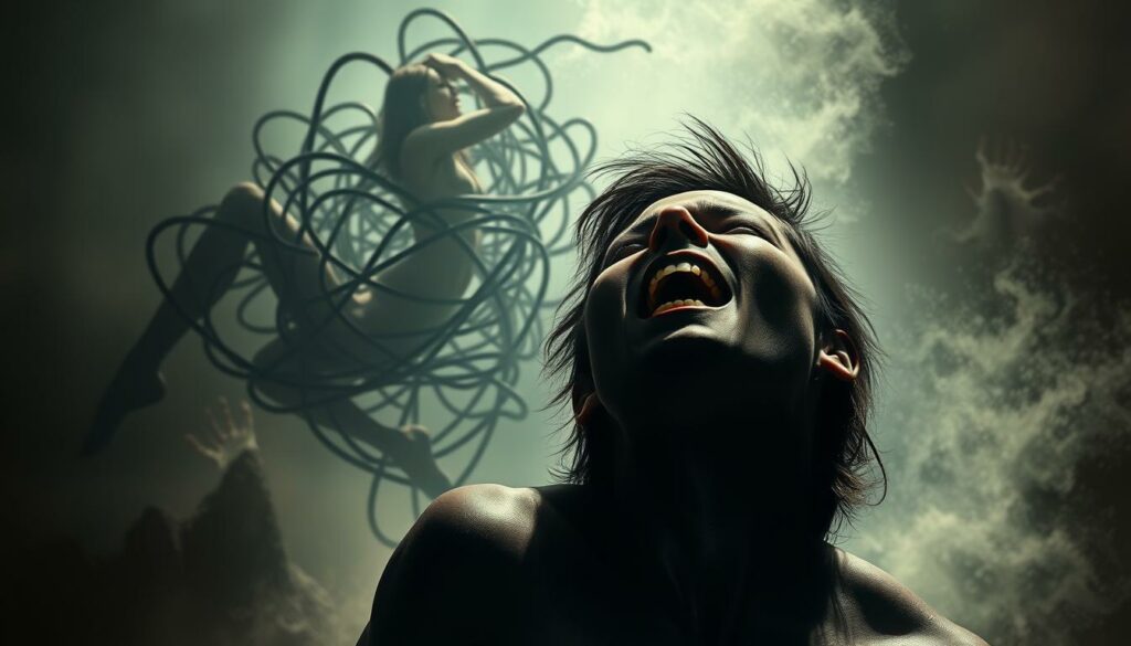 A striking digital painting depicting the psychological interplay of pleasure and pain. In the foreground, a figure in a state of ecstasy, their face contorted in a blend of rapture and anguish. The lighting casts dramatic shadows, creating a moody, chiaroscuro effect. In the middle ground, a tangled web of sensual forms, hinting at the complex dynamics of submission and domination. The background is a hazy, dreamlike realm, evoking the subconscious realm where these primal drives reside. The overall composition conveys the primal, visceral nature of this psychological phenomenon, inviting the viewer to explore the depths of human desire and the boundaries of sensual experience.