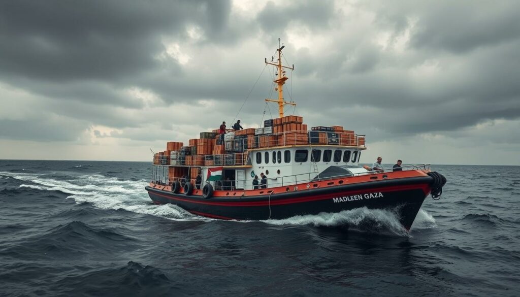 A striking image of the "Madleen", an activist boat carrying aid supplies to Gaza. The vessel is captured in mid-voyage, its hull slicing through the waves against a backdrop of a cloudy, dramatic sky. The cargo deck is piled high with boxes and crates, their contents destined to provide much-needed relief to the people of Gaza. The crew, visible on the deck, have a determined, resolute expression as they steer the boat towards its destination. The scene evokes a sense of urgency and purpose, highlighting the important mission of delivering humanitarian aid to those in need, despite the political and logistical challenges involved.
