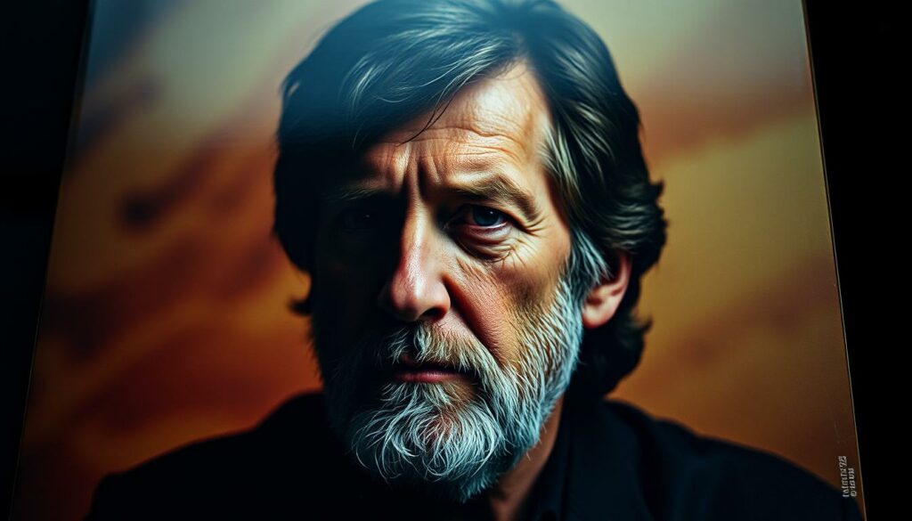 A striking, moody album cover showcasing the iconic Brian Wilson in a pensive, contemplative pose. The foreground features a close-up portrait of Wilson, his weathered face illuminated by dramatic, theatrical lighting that casts deep shadows, conveying a sense of introspection and vulnerability. The middle ground blurs into a soft, painterly background, hinting at the creative turmoil and personal struggles that have defined Wilson's storied career. The overall composition and color palette evoke a melancholic, autumnal atmosphere, reflecting the bittersweet nature of Wilson's "Comeback as a Solo Artist." The image is captured with a cinematic, 35mm-style lens, lending it an intimate, artistic quality befitting the subject matter.