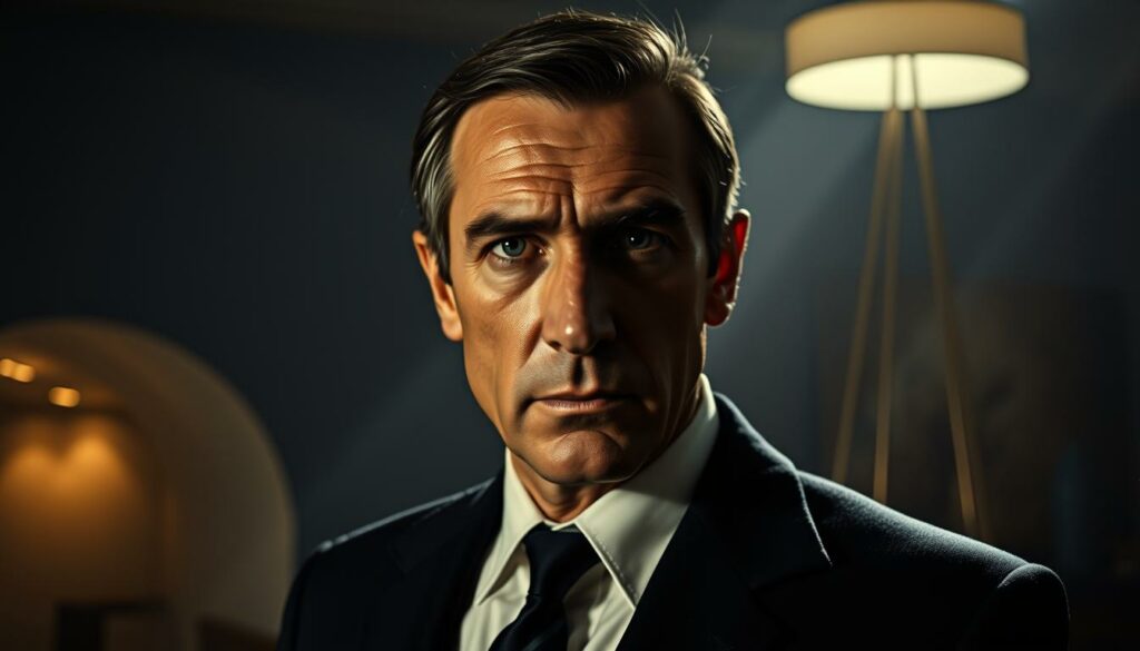 A striking portrait of George Lazenby, the one-time James Bond, in his iconic 007 attire. The subject stands in a dimly lit, moody environment, the soft lighting casting dramatic shadows across his rugged features. His piercing gaze and steely expression convey the intensity and gravitas of the character he once embodied. In the background, hints of mid-century modernist architecture and stylized props evoke the sophisticated, glamorous world of the Bond franchise. The composition is balanced and visually compelling, drawing the viewer's eye to the central figure and his enduring legacy as a cultural icon.