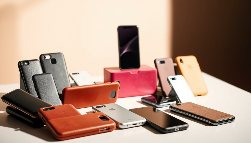 A striking still life composition featuring an arrangement of various popular smartphone case brands. The foreground showcases a selection of sleek, stylish cases in a range of materials and colors, such as leather, silicone, and metallic finishes, arranged artfully on a clean, minimalist surface. The middle ground depicts the cases in use, showcasing their form-fitting designs and functionality on several different smartphone models. The background features a soft, blurred backdrop, allowing the cases to be the focal point. The lighting is warm and natural, creating depth and highlighting the textures and details of the cases. The overall mood is sophisticated, modern, and visually appealing, perfectly capturing the essence of the "Popular Smartphone Case Brands" section.
