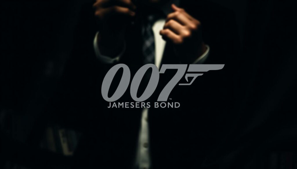 A stylish and dramatic close-up shot of a classic James Bond movie theme, with the iconic 007 logo prominently featured. The composition has a moody, cinematic aesthetic, with deep shadows and dramatic lighting casting an intense, mysterious atmosphere. The background is blurred, allowing the musical score and iconic branding to take center stage. The overall tone evokes the thrilling, high-stakes world of the James Bond franchise, capturing the essence of the "Filmmusik James Bond 007" subject.