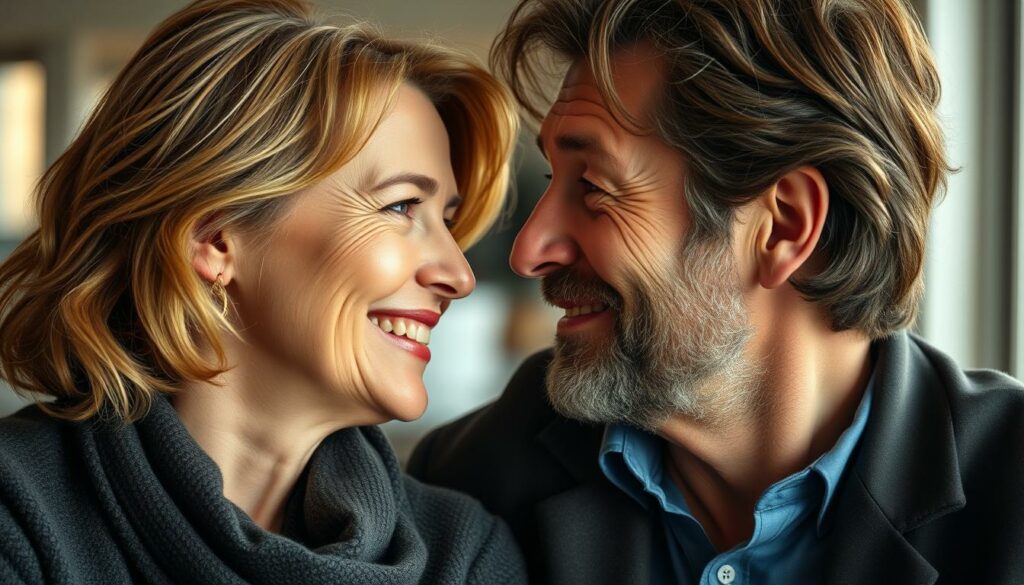 A stylish, high-quality portrait of Peter Maffay and his partner Hendrikje Balsmeyer, captured in a warm, intimate setting. The couple is framed in soft natural lighting, gazing affectionately at each other. Hendrikje's gentle smile and Peter's relaxed, content expression convey a sense of harmony and companionship. The background is blurred, placing the focus entirely on their connection. The image exudes a sense of tranquility and personal intimacy, reflecting the private, behind-the-scenes moments of their relationship.