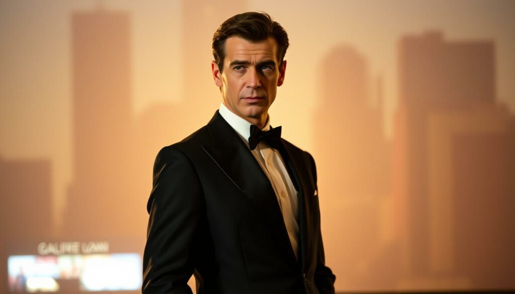 A suave and charismatic Pierce Brosnan, in his iconic role as James Bond, stands in a sleek and sophisticated pose, wearing a tailored tuxedo that accentuates his refined and debonair presence. The scene is bathed in a warm, cinematic lighting that casts subtle shadows, creating depth and drama. The background is a subtle, blurred cityscape, hinting at the global scale of Bond's adventures. Brosnan's piercing gaze and confident demeanor convey the character's blend of sophistication, wit, and dangerous edge, perfectly capturing the essence of the "Pierce Brosnan years" of the beloved James Bond franchise.