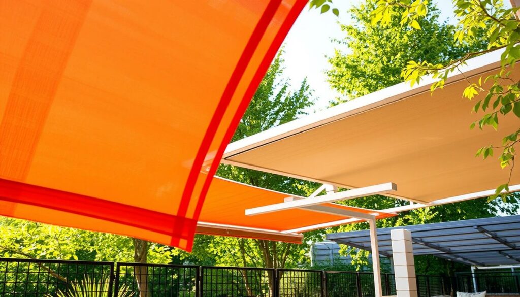A sun-dappled outdoor scene, showcasing a range of modern sunshade materials and installation methods. In the foreground, a selection of high-quality sunshade fabrics in vibrant hues sway gently in a soft breeze, their textures and weaves clearly visible. In the middle ground, a series of sleek, minimalist sunshade frames and mounting hardware are displayed, demonstrating the clean, architectural aesthetic of contemporary sunshade design. The background features a serene garden or balcony setting, with lush greenery and warm, diffused lighting that captures the cozy, sheltered ambiance of a sunshade-equipped outdoor living space. The overall tone is one of sophistication, functionality, and a harmonious blend of form and function.