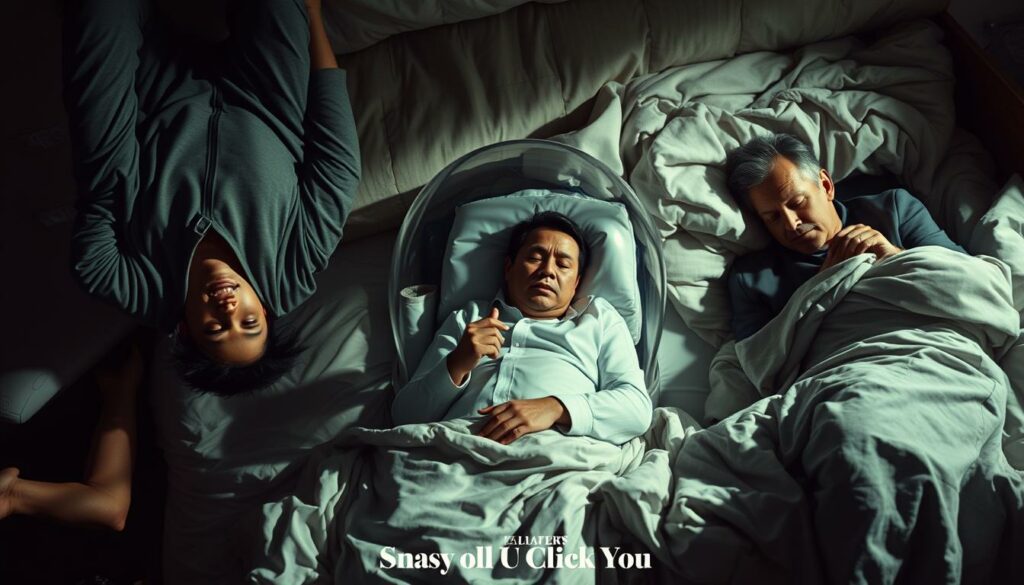 A surreal scene of famous celebrities engaging in bizarre sleep habits, captured in a cinematic style. In the foreground, a popular musician sleeps upside-down, suspended from the ceiling. In the middle ground, a renowned actor snores peacefully while encased in a transparent sleep pod. In the background, a renowned politician tosses and turns, tangled in a web of oversized blankets. Dramatic low-angle lighting casts dramatic shadows, creating an atmosphere of whimsical eccentricity. Captured with a wide-angle lens to emphasize the absurdity of the situation.