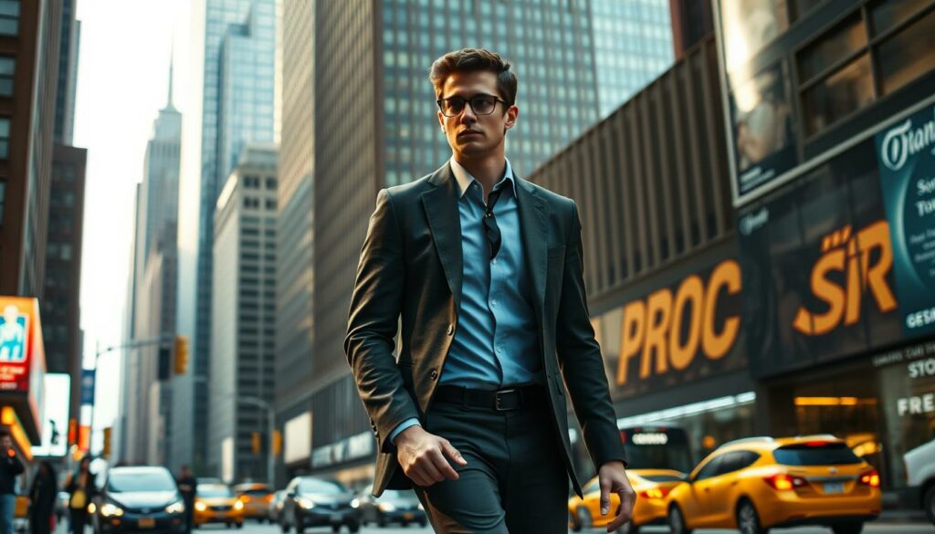 A tall, stylishly dressed young man strides confidently through the bustling streets of New York City, his expression determined and focused. The scene is captured in a cinematic, high-contrast style, with dramatic lighting and a sense of urban energy. In the background, the iconic skyscrapers of the Manhattan skyline loom, creating a powerful, aspirational backdrop for his journey. The mood is one of ambition, success, and the pursuit of dreams in the big city. The lens is wide, capturing the full figure of the man as he navigates the urban landscape, offering a sense of his presence and stature within the environment.