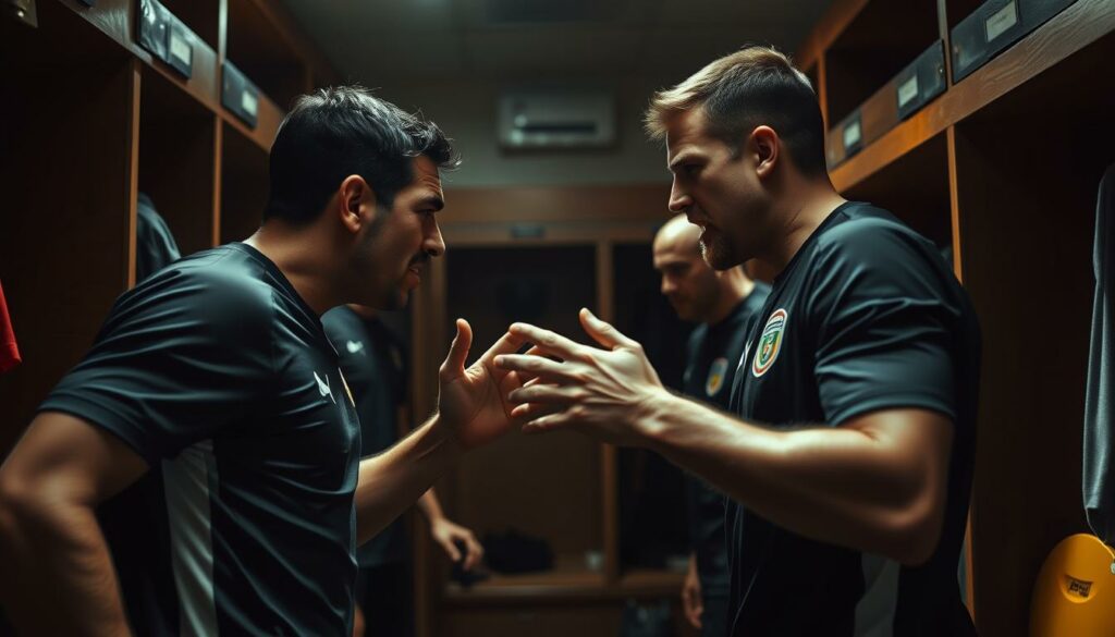 A tense, dramatic scene in a soccer team's locker room. The focus is on a heated argument between two players, their faces etched with frustration as they stand toe-to-toe, gesturing wildly. The lighting is harsh, casting dramatic shadows that heighten the intensity of the confrontation. The background is blurred, drawing the viewer's attention to the central figures. The camera angle is low, looking up at the players, emphasizing the sense of conflict and confrontation. The overall mood is one of high-stakes tension, reflecting the turmoil and discord within the team.