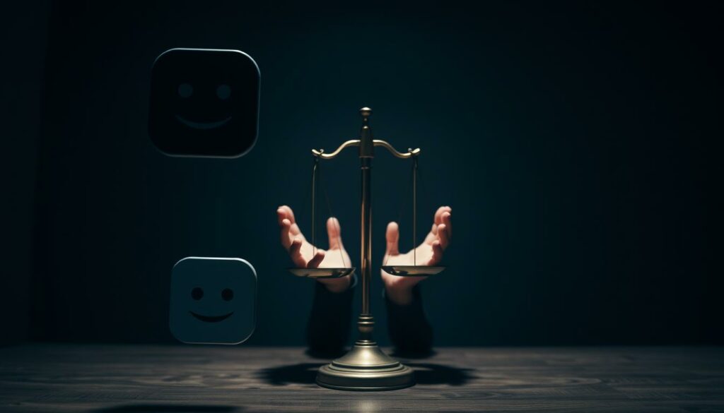 A thought-provoking scene showcasing the intersection of ChatGPT and ethics. In the foreground, the iconic ChatGPT logo hovers, its neutral expression conveying a sense of ambiguity. In the middle ground, a pair of hands, one human and one AI-generated, grapple with a set of scales, symbolizing the delicate balance between the capabilities of ChatGPT and the ethical considerations surrounding its use. The background depicts a dimly lit, introspective environment, with muted tones and subtle textures evoking a contemplative mood. Subtle lighting casts dramatic shadows, highlighting the complexities and tensions inherent in the relationship between ChatGPT and the ethical dilemmas it presents.