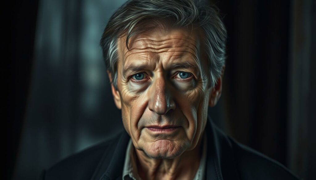A thoughtful, emotive portrait of the beloved German television personality Rudi Carell, set against a somber, reflective backdrop. Carell's kind, weathered face is captured in soft, natural lighting, his expression tinged with a gentle melancholy. The composition is centered and intimate, drawing the viewer's gaze to the subject's pensive eyes and serene demeanor. The background is a muted, dreamlike scene, perhaps a dimly lit room or a serene outdoor setting, evoking a sense of quiet contemplation. This image aims to sensitively convey the sorrow and reverence surrounding Carell's passing, while preserving the warmth and charisma that defined his iconic career.