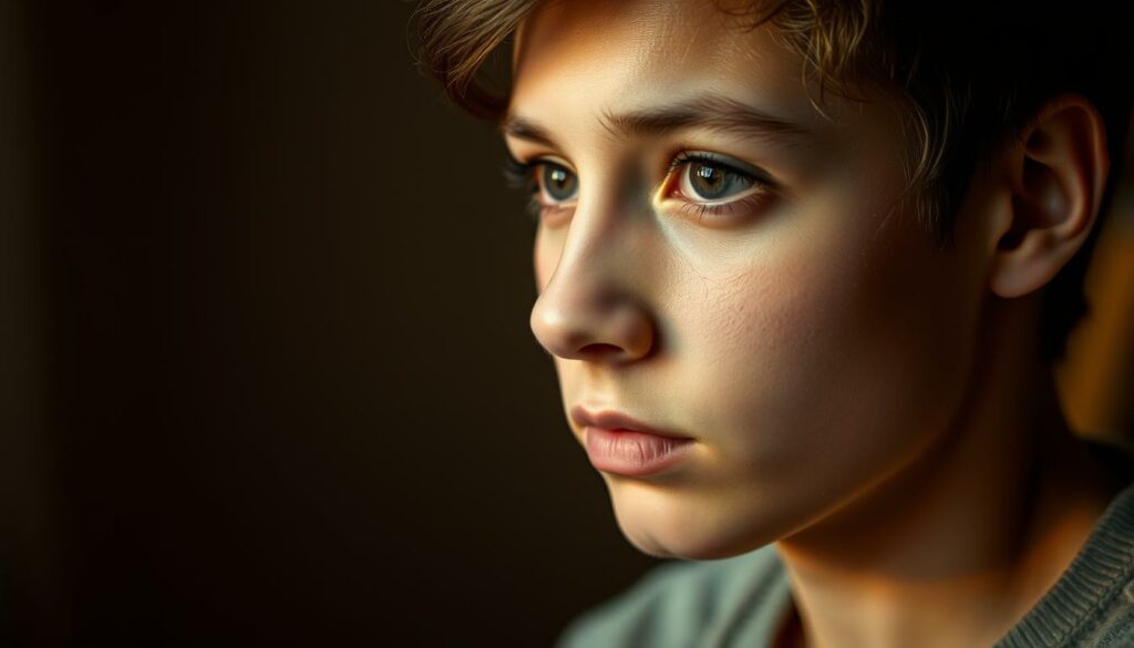 A thoughtful, pensive portrait of a young, attractive individual lost in deep contemplation. Softly lit from the side, their gaze is focused inward, radiating an aura of quiet intelligence. The background is a hazy, dreamlike blur, drawing the viewer's attention to the subject's expressive features and introspective demeanor. Warm, earthy tones predominate, creating a sense of intimacy and introspection. The overall composition emphasizes the interplay between physical beauty and the allure of the mind, reflecting the theme of "Sapiosexuality" at the heart of the article.