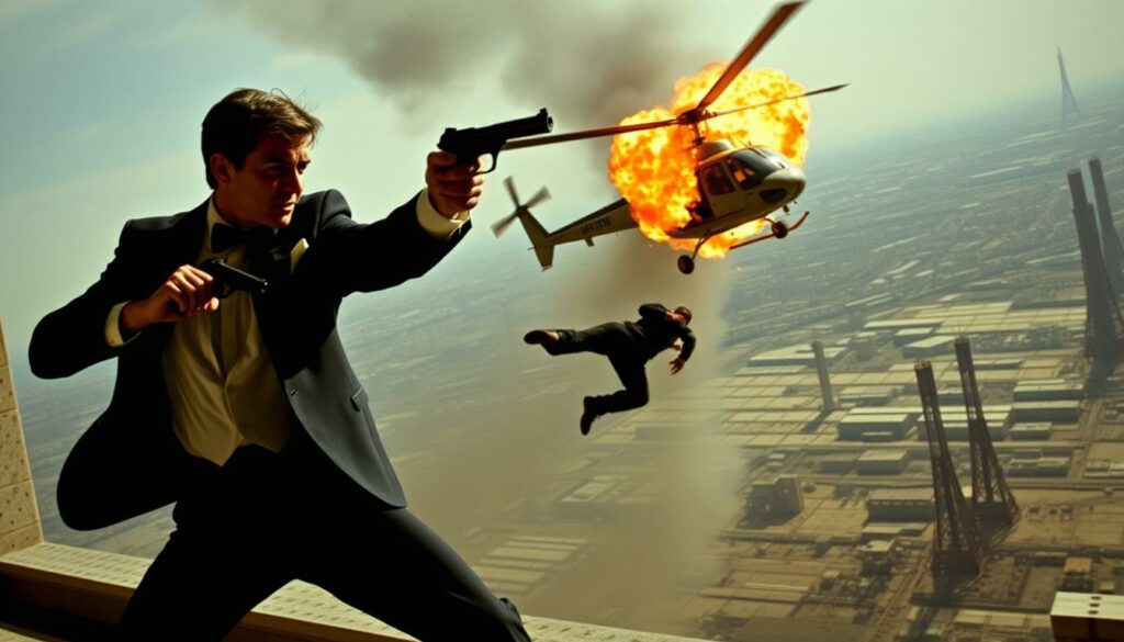 A thrilling action sequence from the 1995 film GoldenEye. In the foreground, James Bond, dressed in his iconic tuxedo, engages in a high-stakes fight with a shadowy adversary, their limbs locked in a tense choreography of punches and kicks. Intense lighting casts dramatic shadows, creating a moody, cinematic atmosphere. In the middle ground, a series of stunning stunts unfold - Bond leaps from an exploding helicopter, tumbling through the air before landing in a roll on the ground below. The background is a sprawling, industrial landscape, with towering structures and a sense of scale that heightens the drama of the scene. The overall composition captures the adrenaline-fueled, post-Cold War action that defined the GoldenEye film.