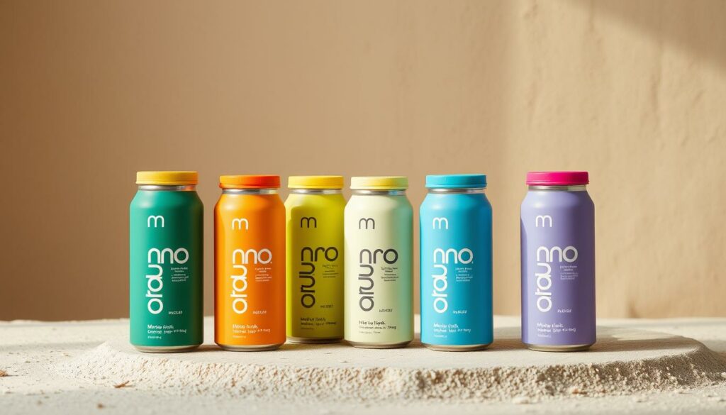 A tidy, minimalist still life showcasing a variety of portable microdrink canisters in a natural, softly-lit setting. The microdrinks are displayed against a muted, earthy background, with a focus on their compact, convenient form and vibrant, inviting colors. Crisp lighting from an upper left angle accentuates the sleek, modern design and texture of the containers. The overall composition evokes a sense of on-the-go refreshment and functional versatility, reflecting the practical, flavorful nature of the microdrink products.