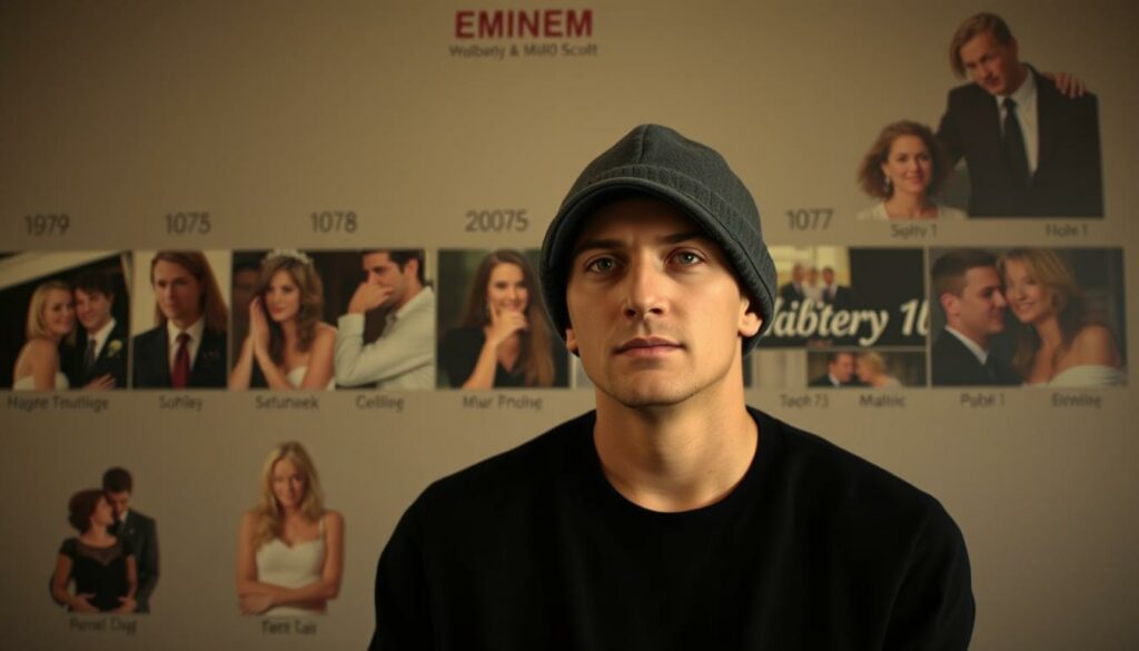 A timeline of the tumultuous relationship between Eminem and his ex-wife Kimberly Anne Scott, depicted through a series of photorealistic vignettes. In the foreground, the couple is shown in various stages of their courtship, from their initial meeting as teenagers to their volatile marriage and divorce. The middle ground features pivotal moments like their wedding, the birth of their daughter Hailie, and the personal struggles that ultimately tore them apart. The background subtly alludes to the ever-changing public perception and media coverage of their high-profile relationship, using a muted, documentary-style aesthetic. Lighting is natural and cinematic, with a sense of intimacy and emotional weight. The overall tone is one of raw honesty, capturing the complex dynamics that defined this notorious couple.