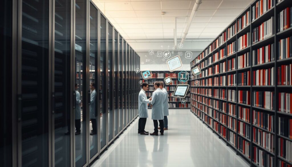 A towering data center in the foreground, its sleek glass and steel facade gleaming under soft, diffused lighting. In the middle ground, engineers in lab coats huddle around holographic displays, analyzing intricate algorithms. In the background, rows of bookshelves stretch out, each volume a testament to the power of AI-driven content generation. The scene conveys the seamless integration of Amazon Web Services and the future of publishing, where cutting-edge technology meets the timeless art of the written word.