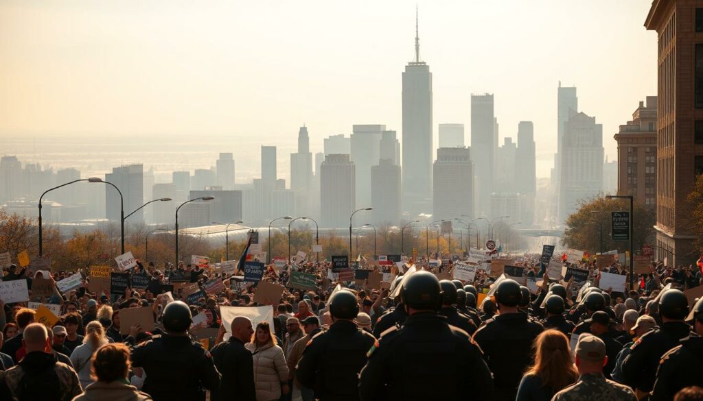 A vast city skyline with towering skyscrapers in the background, hazy and distant. In the foreground, a large crowd of protesters marching through the streets, their signs and banners raised high. National Guard troops in riot gear stand in formation, facing the demonstrators with a tense, confrontational atmosphere. The scene is bathed in a warm, golden light, casting dramatic shadows and highlighting the tension and emotion of the moment. The image conveys a sense of civic unrest and the clashing of political ideologies in a dynamic, visually compelling way.