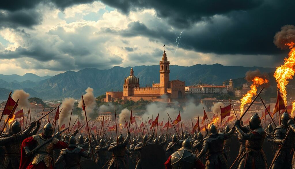 A vast medieval battlefield under a stormy sky, the Reconquista of Granada in full swing. In the foreground, Moorish soldiers in ornate armor clash with Spanish knights wielding gleaming swords and pikes. Plumes of smoke billow from burning siege engines as trebuchets bombard the city walls. In the middle ground, a towering fortress rises, its red-tiled roofs and whitewashed walls casting long shadows. The background fades into a dramatic landscape of craggy mountains and dark clouds, lightning flickering ominously. The scene is bathed in a warm, golden light, capturing the epic scale and high drama of this pivotal moment in history.