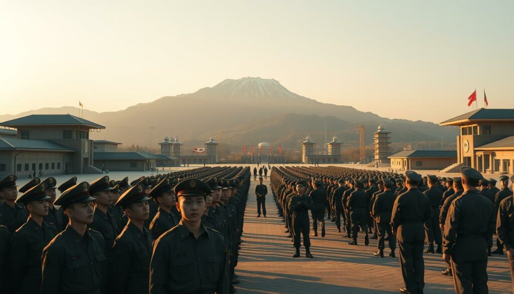 A vast military compound, its buildings and structures bathed in a golden afternoon light. In the foreground, a group of young men in crisp uniforms stand at attention, their faces solemn and determined. In the middle ground, soldiers engage in rigorous training exercises, their movements precise and disciplined. In the background, a majestic mountain range rises, its peaks touching the sky. The atmosphere is one of unwavering dedication, national pride, and the weight of a cultural legacy that demands selfless service. A cinematic, wide-angle lens captures the scene, emphasizing the grand scale and the sense of duty that permeates South Korean military service.