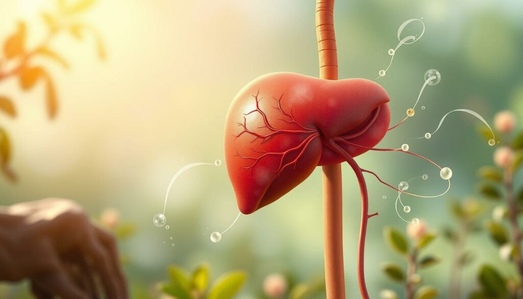 A vibrant and detailed illustration of a healthy liver, the key to natural detoxification. The liver, depicted in warm, earthy tones, stands prominently in the foreground, its intricate structure and vital functions clearly visible. In the middle ground, gently flowing ribbons of energy and cleansing elements surround the liver, symbolizing the body's natural detoxification processes. The background features a serene, nature-inspired setting, with soft lighting and a calming atmosphere that reinforces the idea of holistic well-being. The overall composition conveys the importance of liver health for optimal cellular metabolism and the body's self-cleansing abilities.
