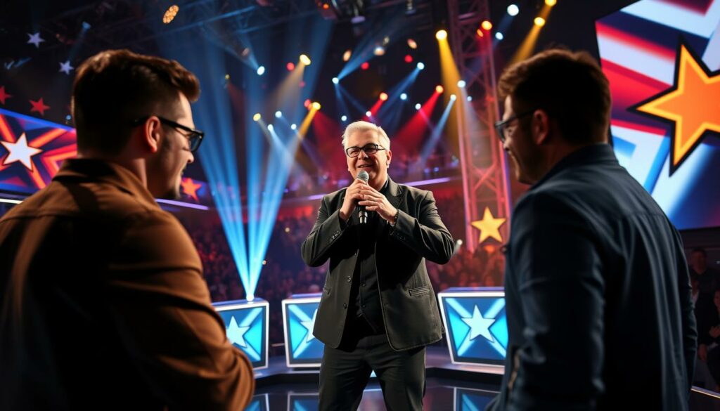 A vibrant and dynamic Saturday night entertainment show, "Schlag den Star" is captured in a cinematic wide-angle shot. The stage is bathed in a warm, theatrical lighting, casting dramatic shadows across the faces of the two celebrity contestants engaged in a spirited competition. In the foreground, the charismatic host Elton stands at the center, microphone in hand, his energetic presence commanding the attention of the studio audience visible in the background. The set design features a sleek, modern aesthetic with bold graphics and dynamic camera angles, creating a visually striking and immersive viewing experience for the viewer.