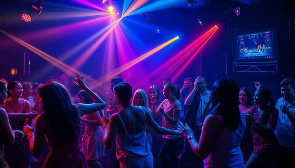 A vibrant and energetic dance scene set against a backdrop of a dimly lit nightclub. In the foreground, a group of people dance passionately, their bodies moving in perfect sync to the pulsing beat of the music. Vibrant neon lights cast a warm glow across the scene, creating a sense of movement and energy. The middle ground features a lively crowd, their faces filled with joy and enthusiasm as they sway and clap along to the music. In the background, a state-of-the-art sound system and a DJ booth are visible, adding to the overall atmosphere of the event. The overall mood is one of celebration, with a sense of community and shared experience among the dancers.