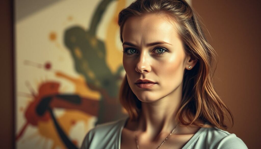 A vibrant and introspective portrait of Kaja Schmidt-Tychsen, capturing her determination and optimism as she embarks on new creative projects. In the foreground, Kaja stands confidently, her gaze directed forward with a pensive yet hopeful expression. Soft, natural lighting illuminates her features, casting gentle shadows that accentuate her strong jawline and piercing eyes. The middle ground features an abstract, paint-like backdrop, hinting at Kaja's artistic inclinations and the dynamic, expressive nature of her upcoming endeavors. The background is a warm, muted palette, creating a sense of tranquility and introspection, reflecting Kaja's thoughtful approach to her next chapter. The overall atmosphere is one of anticipation, growth, and the exciting possibilities that lie ahead for this talented actress.
