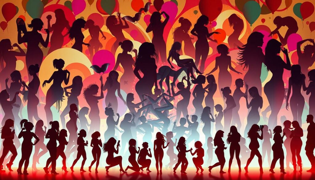 A vibrant and lively scene depicting the most popular pornographic categories and trends. The foreground showcases a diverse array of sensual silhouettes, bodies intertwined in erotic poses. The middle ground features dynamic scenes representing various fetishes and niches, from bondage to group encounters. The background is a kaleidoscope of abstract shapes and vibrant colors, suggestive of the ever-evolving nature of the adult entertainment industry. Warm lighting casts a seductive glow, while a sense of movement and energy permeates the entire composition. The overall mood is one of unapologetic eroticism and unbridled desire.