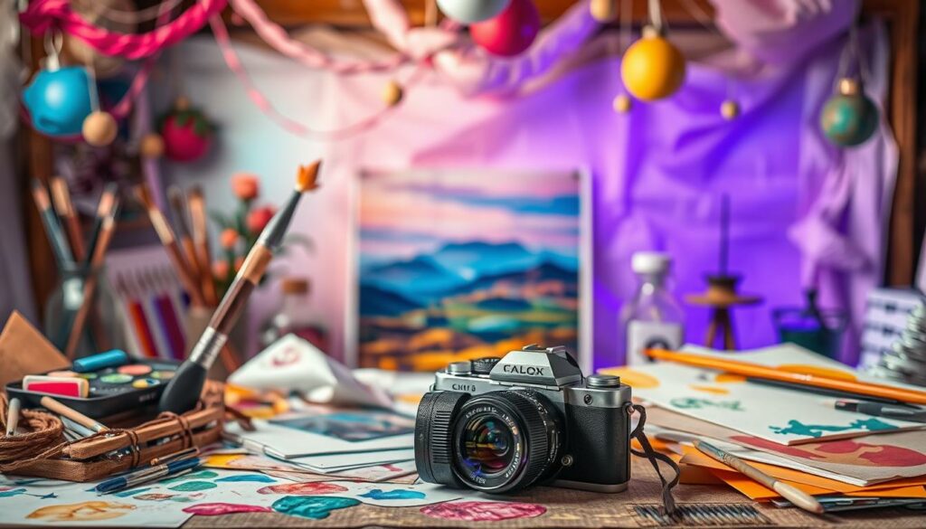 A vibrant, artistic composition showcasing a creative photography project. In the foreground, a carefully curated selection of photography tools and materials, including a vintage camera, paint brushes, and colorful papers. The middle ground features a stunning landscape photograph, its colors and textures enhanced through experimental techniques like double exposure, light painting, or digital manipulation. In the background, a whimsical, dreamlike environment with soft, diffused lighting and a sense of artistic abandon. The overall scene conveys a sense of imaginative possibilities, inviting the viewer to explore the intersection of photography and fine art.