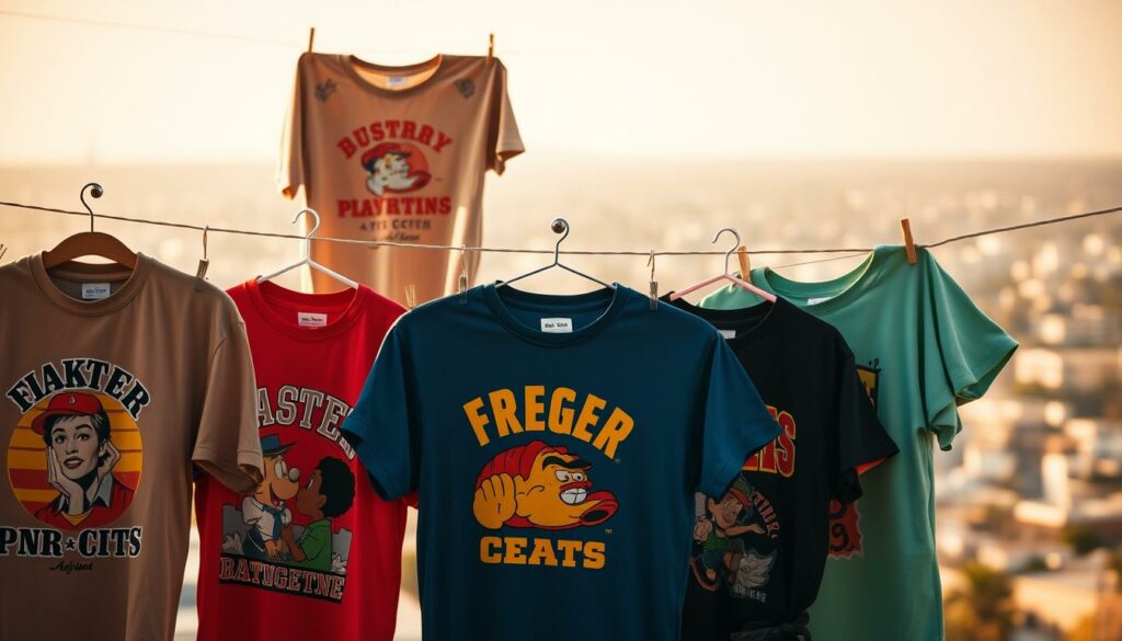 A vibrant collage of iconic graphic tees from the early 2000s, evocative of a nostalgic era. In the foreground, a selection of vintage t-shirts featuring bold, retro-inspired designs, with playful characters, pop culture references, and bold typography. The middle ground showcases a variety of these tees hanging on a clothesline, capturing the casual, effortless style of the era. In the background, a hazy, dreamlike cityscape or suburban setting, evoking the youthful, carefree spirit of the time. Warm, golden lighting casts a warm, inviting glow, while a soft, vintage-inspired filter adds a touch of nostalgia. The overall composition conveys the resurgence of this beloved trend, blending the past and present seamlessly.