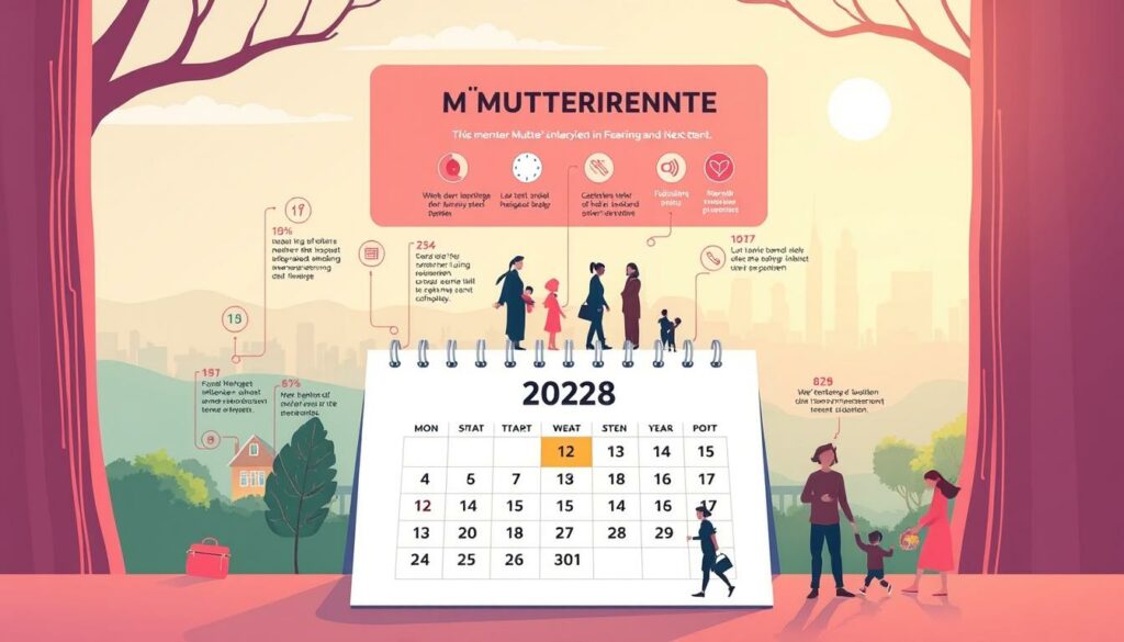 A vibrant, detailed illustration depicting the timeline and next steps for the expanded Mütterrente (mother's pension) in Germany. In the foreground, a meticulously rendered calendar with the year 2028 highlighted, signifying the anticipated start date. Arrayed around it, a series of icons and infographic elements convey the key milestones and legislative processes, rendered in a clean, infographic style. The middle ground features stylized figures of mothers and children, representing the beneficiaries of this policy. The background showcases a serene, pastel-hued cityscape, evoking a sense of progress and societal advancement. The overall mood is one of optimism and anticipation, with a refined, high-quality aesthetic suitable for a professional publication.