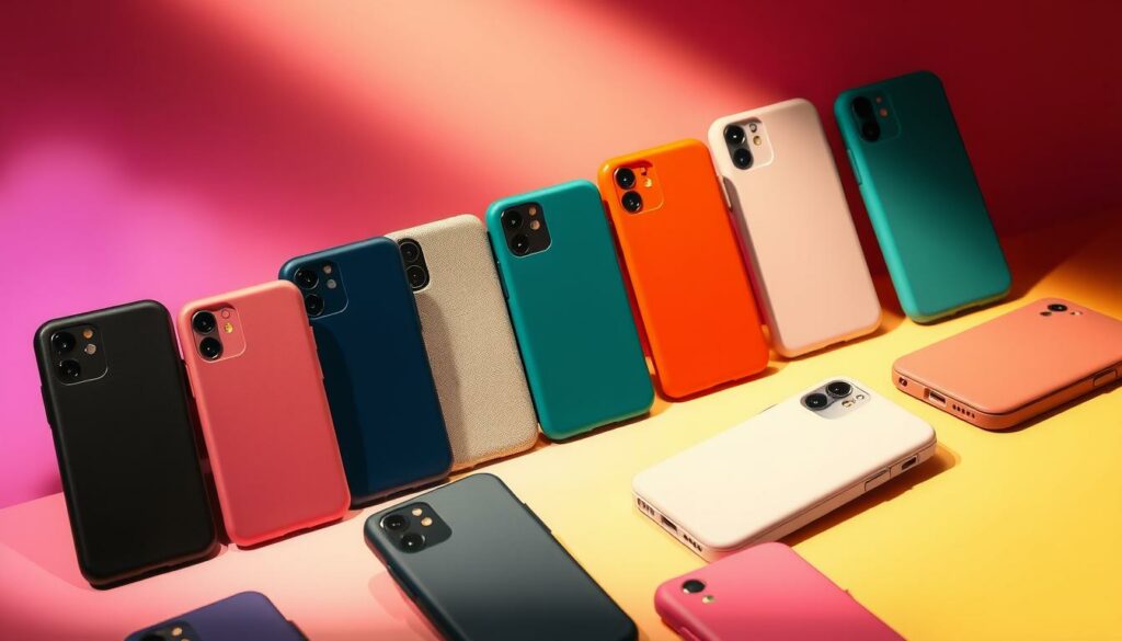 A vibrant display of modern smartphone case designs and color palettes, showcasing a diverse array of sleek, minimalist, and eye-catching options. The foreground features a selection of trendy cases in various materials, textures, and hues, artfully arranged to highlight their unique aesthetic appeal. The middle ground showcases a harmonious blend of complementary shades and patterns, creating a visually striking composition. The background subtly fades into a soft, gradient-like effect, allowing the cases to take center stage. Crisp, directional lighting accentuates the curves and contours of the cases, evoking a sense of sophistication and modernity. The overall atmosphere exudes a stylish, fashion-forward vibe, perfectly suited to inspire and guide the selection of the perfect smartphone accessory.