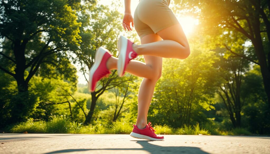 A vibrant, energetic scene of a person engaged in dynamic physical activity, representing the "motor" of a healthy metabolism. The foreground features a person in motion, their limbs moving with purpose and vigor, perhaps jogging, dancing, or performing a high-intensity workout. The middle ground showcases a lush, verdant environment, with trees, greenery, and a sense of natural vitality. The background contains a soft, warm glow, creating a sense of energy and rejuvenation. The lighting is bright and diffused, casting a natural, luminous effect. The overall composition conveys the idea of regular, invigorating movement as the key to maintaining a robust and efficient metabolic system.