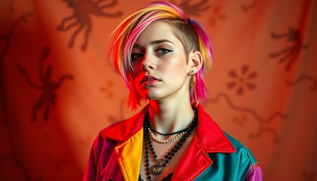 A vibrant, expressive portrait of Stevie Laine Mathers, daughter of renowned rapper Eminem, captured in a moment of vibrant individuality. Stevie stands tall and confident, their gender-fluid style on full display - a bold blend of androgynous fashion, rainbow-hued hair, and a captivating gaze that challenges societal norms. The scene is illuminated by warm, diffused lighting, casting a soft, ethereal glow that accentuates Stevie's unique features and natural beauty. The background is a muted, abstract tapestry that allows the subject to take center stage, their aura of self-acceptance and personal empowerment radiating outward. This striking portrait celebrates Stevie's unapologetic embrace of their own identity, a testament to the power of individuality and the beauty that blossoms when one courageously expresses their true self.