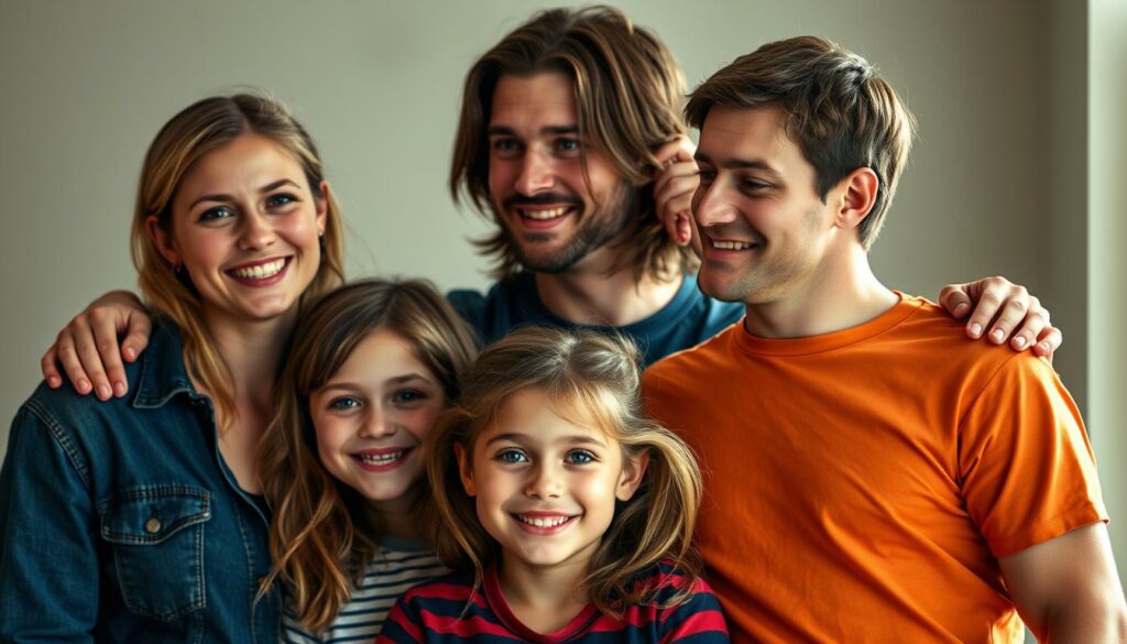 A vibrant family portrait of Sarah Connor's youngest siblings - Valentina, Mick, and Lex. The trio stand together, their warm smiles and relaxed poses conveying a sense of close-knit camaraderie. Valentina, the youngest, stands in the center, her bright blue eyes and playful demeanor radiating youthful energy. Mick, the middle child, stands tall and confident, one hand resting on Lex's shoulder. Lex, the eldest, has a gentle, protective gaze as he looks over his younger siblings. Soft, diffused lighting bathes the scene, highlighting their features and creating a cozy, intimate atmosphere. The background is slightly blurred, keeping the focus on the trio's warm and affectionate interaction.