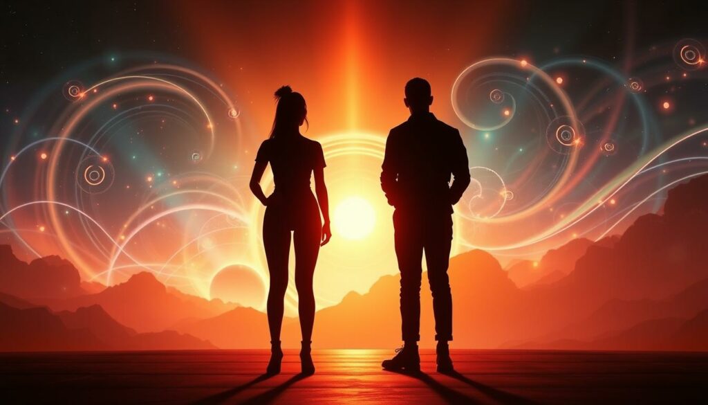 A vibrant, futuristic music trilogy album cover, featuring a trio of silhouetted figures standing against a backdrop of cosmic swirls and glowing digital elements. The central figure, a powerful woman, is flanked by her collaborators, all poised for their next creative venture. Warm lighting bathes the scene, creating a sense of anticipation and excitement. The composition is dynamic, with clean lines and a minimalist aesthetic that conveys a vision of innovation and boundless artistic potential. The overall mood is one of confidence, ambition, and a bold step into the unknown.